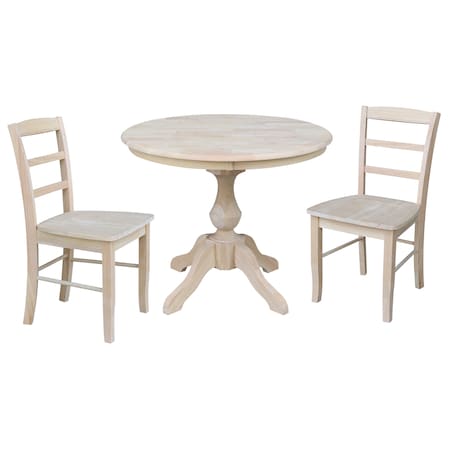 International Concepts Round 36 in Round Top Pedestal Table, with 2 Madrid Chairs, Unfinished, 36 in W, 36 in L, 29.9 in H K-36RT-11B-C2-2